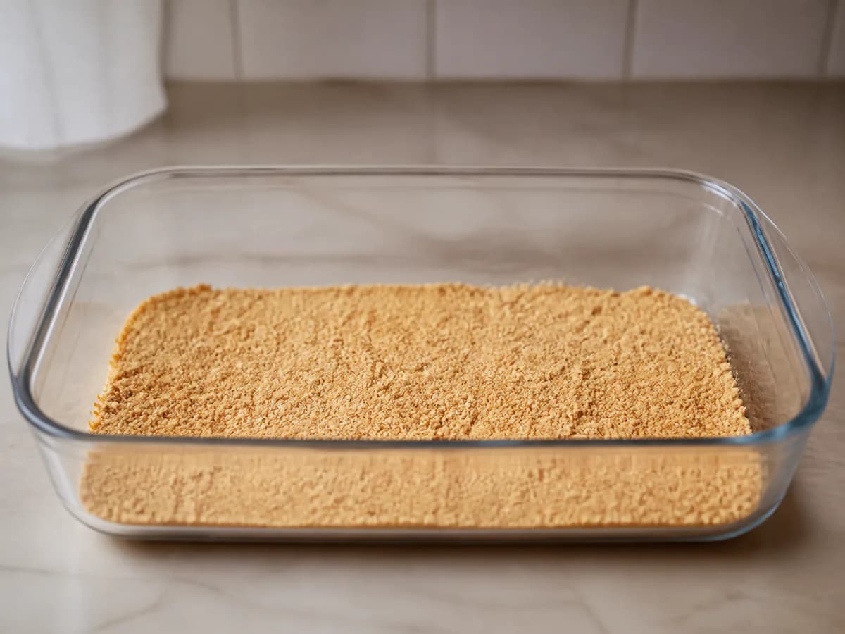 Preparação de Sobremesa Cremosa de Pêssego com Bolacha Maria e Coco durante a confeção
