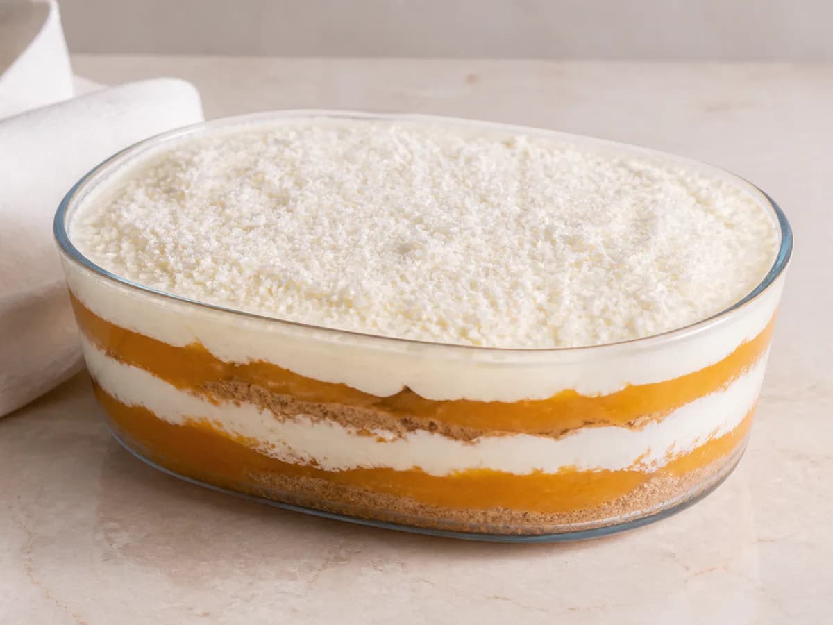 Sobremesa Cremosa de Pêssego com Bolacha Maria e Coco