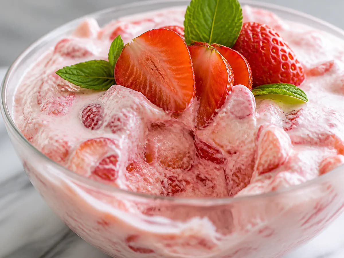 Pormenor de uma porção de Sobremesa de Morangos Refrescante