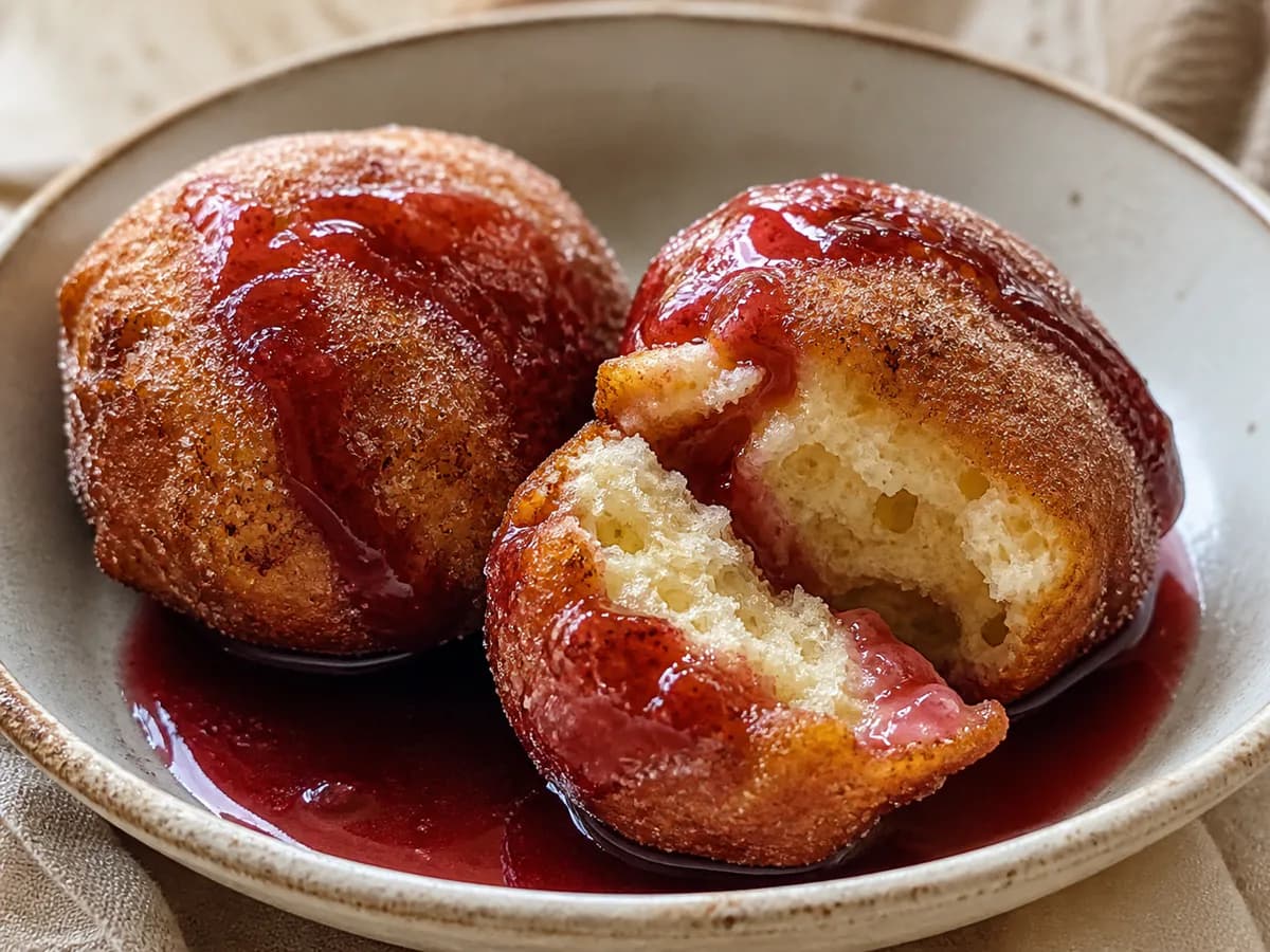Pormenor de uma porção de Sonhos com Calda de Vinho do Porto (Bimby)