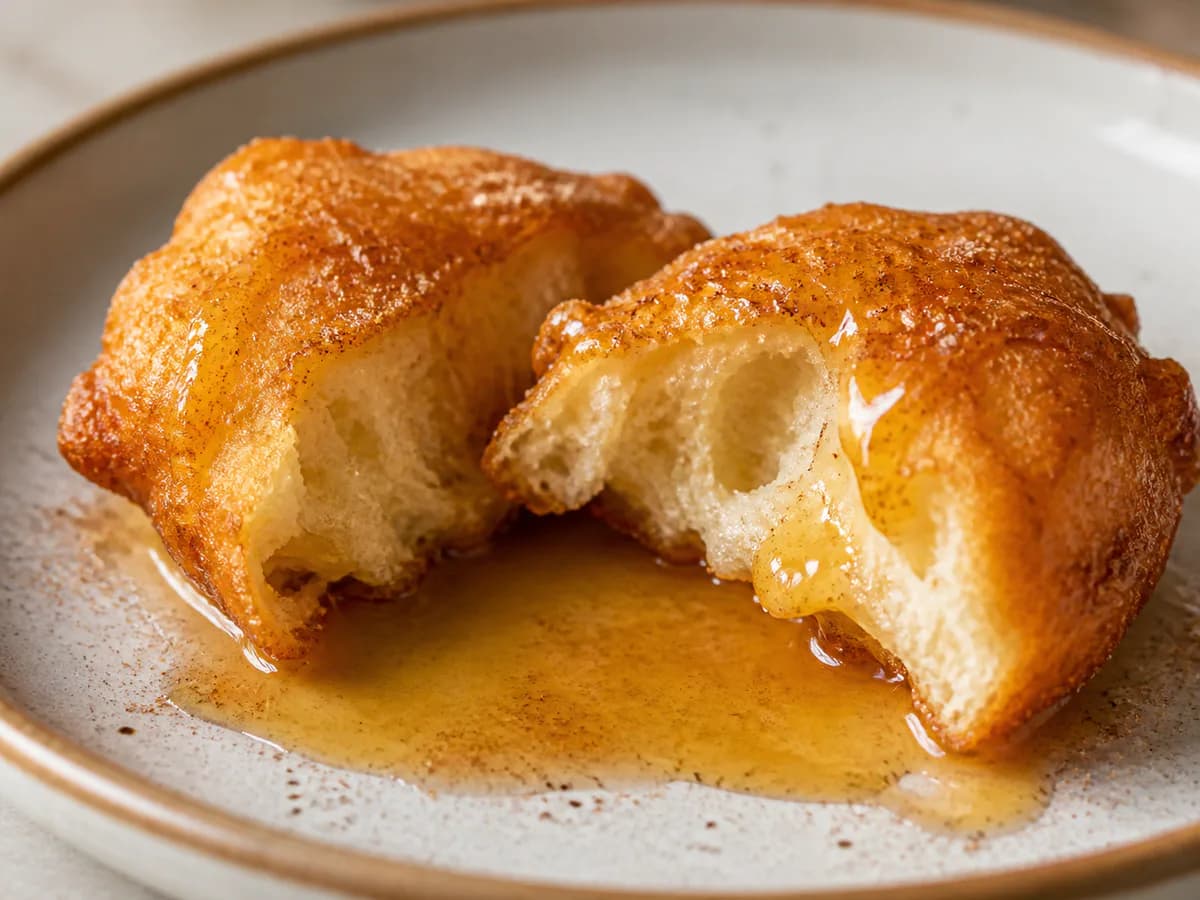 Pormenor de uma porção de Sonhos com Molho Caramelizado de Laranja
