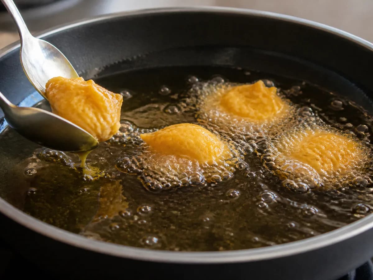 Preparação de Sonhos de Batata Doce com Canela durante a confeção