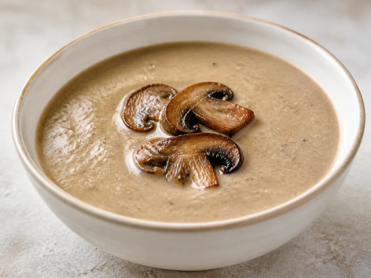 Pormenor de uma porção de Sopa Cremosa de Cogumelos