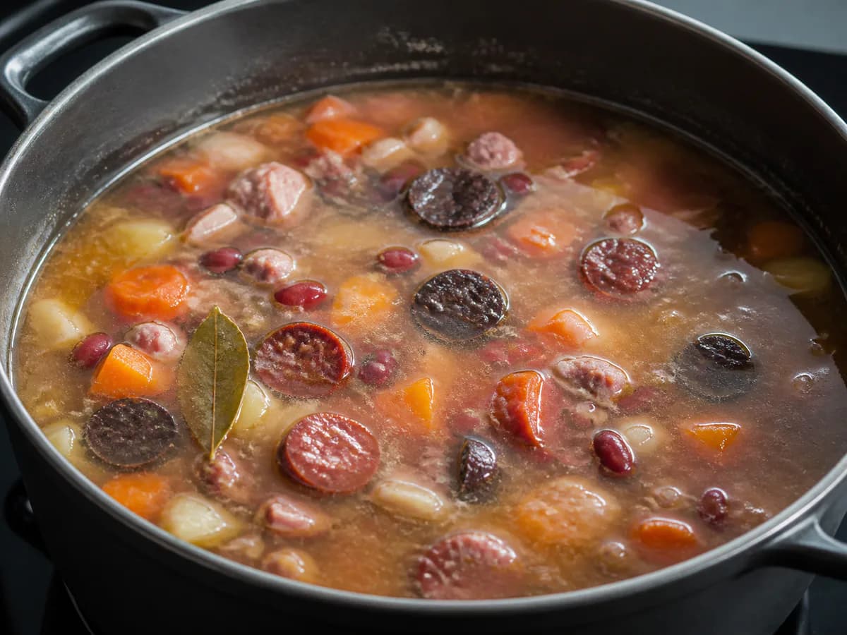 Preparação de Sopa da Pedra com Couve Lombarda durante a confeção