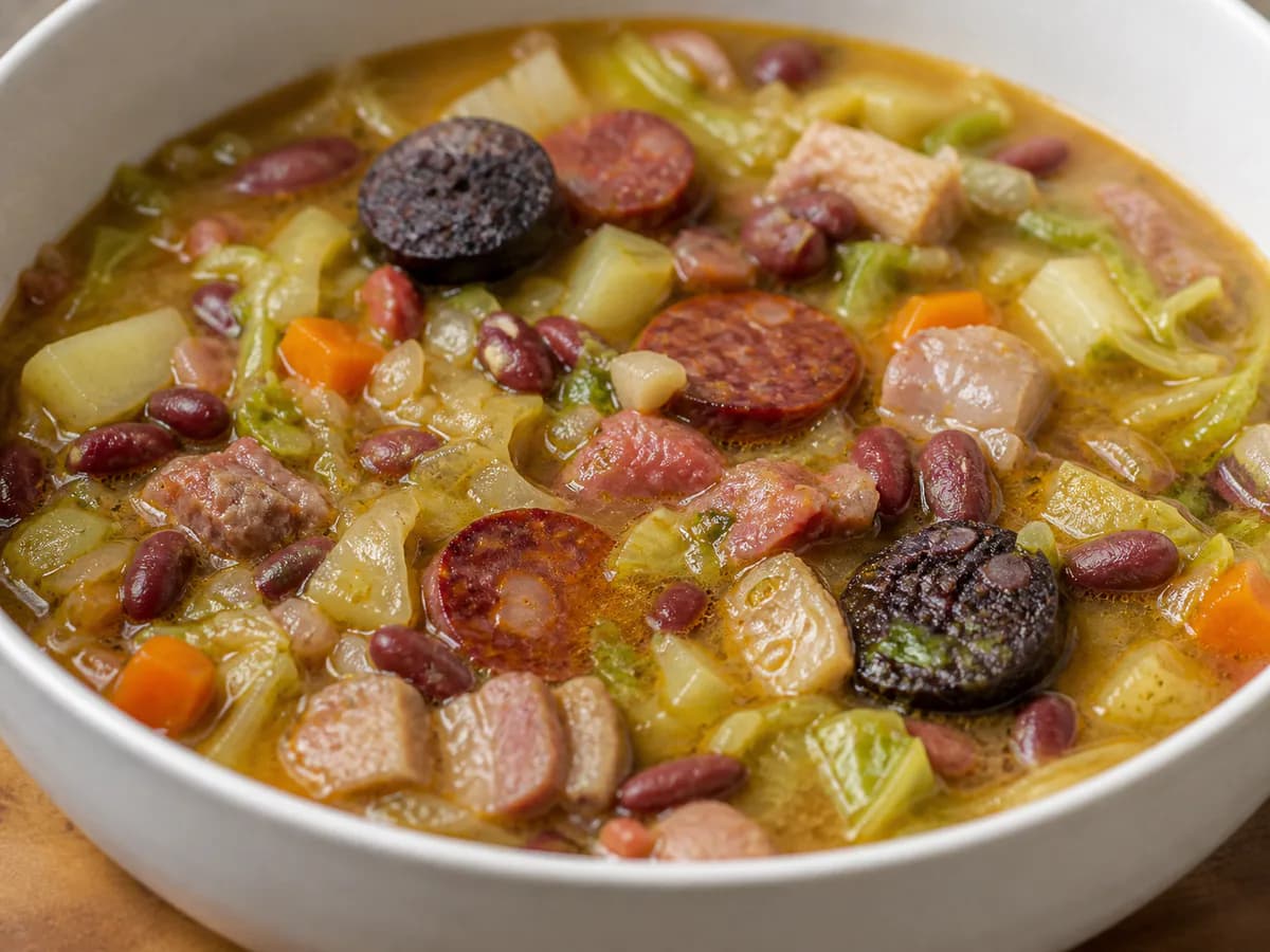 Pormenor de uma porção de Sopa da Pedra com Couve Lombarda