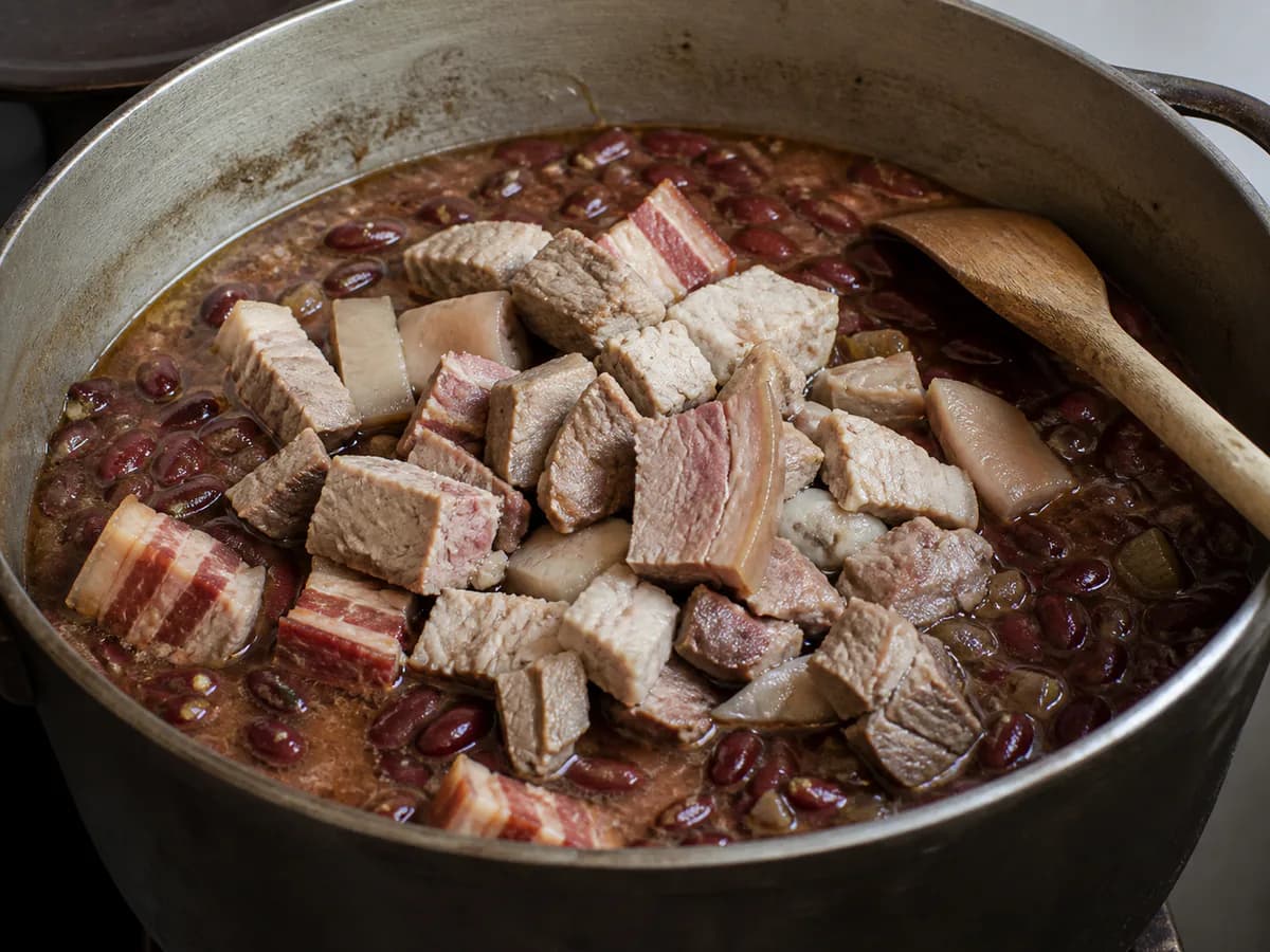 Preparação de Sopa da Pedra com Toucinho e Entremeada durante a confeção