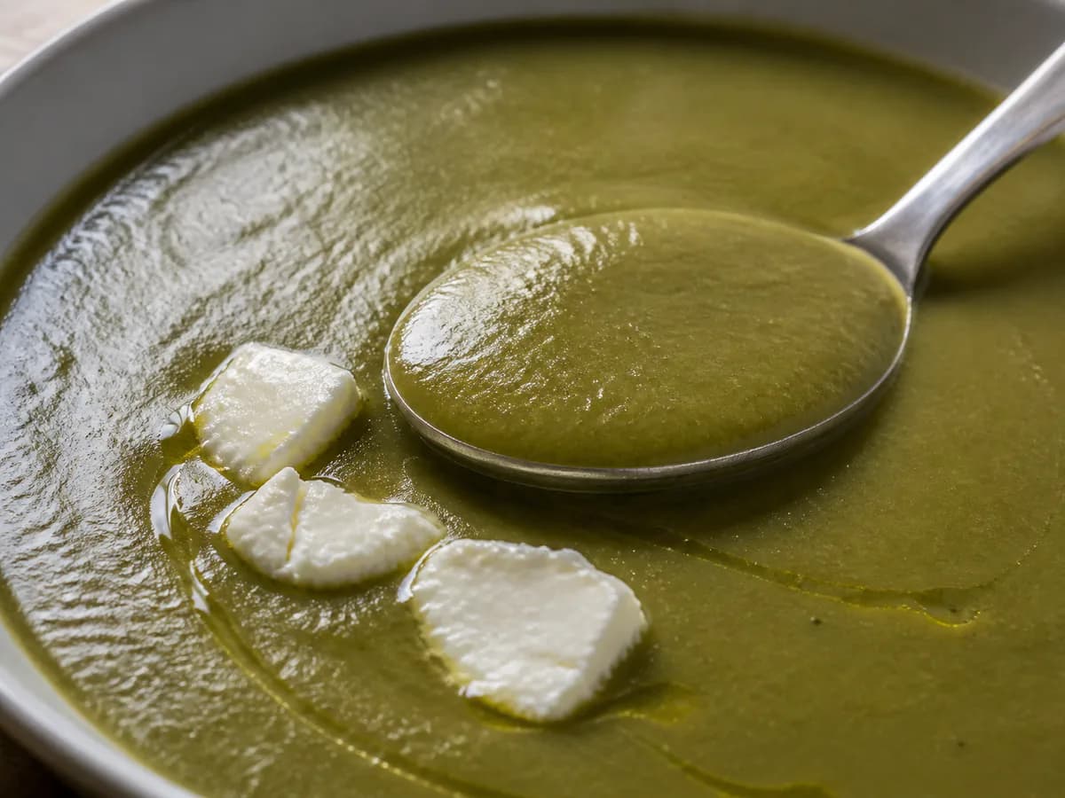Pormenor de uma porção de Sopa de Beldroegas com Queijo de Cabra