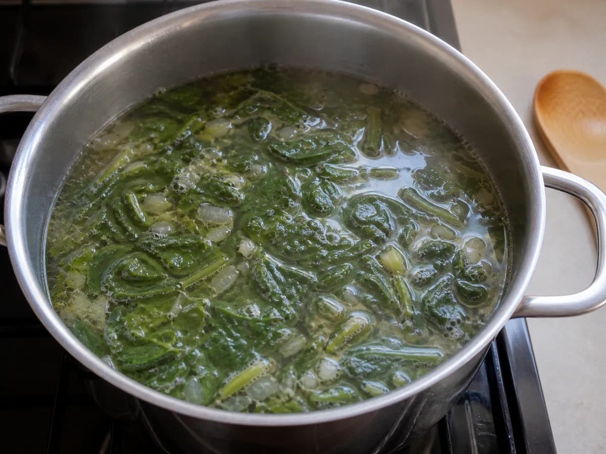 Preparação de Sopa de Beldroegas com Queijo de Cabra durante a confeção