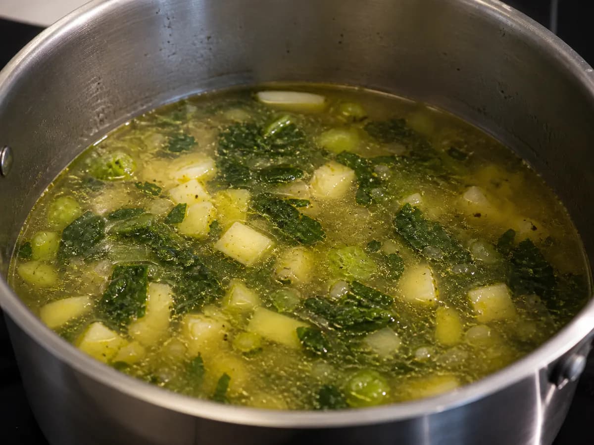 Preparação de Sopa de Coentros e Nabiças com Batata durante a confeção