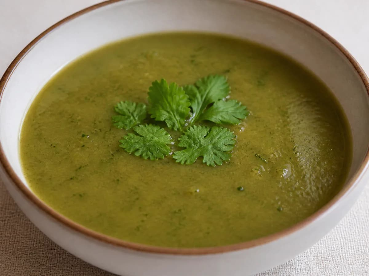 Pormenor de uma porção de Sopa de Coentros e Nabiças com Batata