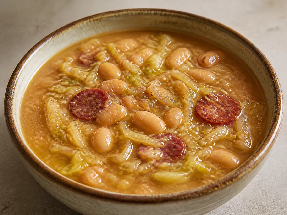 Pormenor de uma porção de Sopa de Feijão e Couve Rosinha