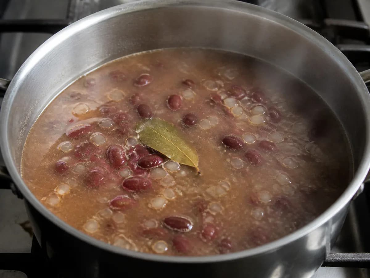 Preparação de Sopa de Feijão e Espinafres durante a confeção