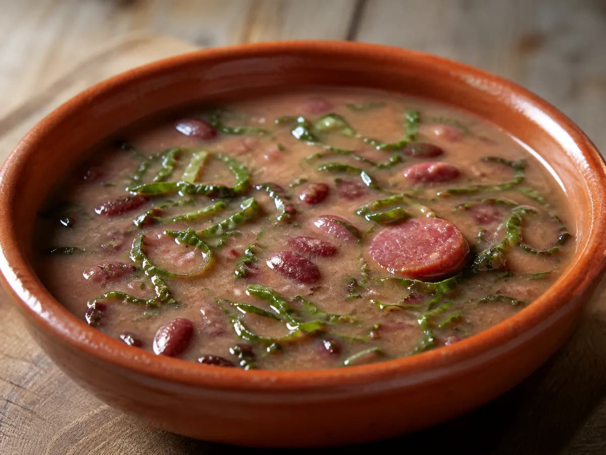 Pormenor de uma porção de Sopa de Feijão Vermelho e Couve