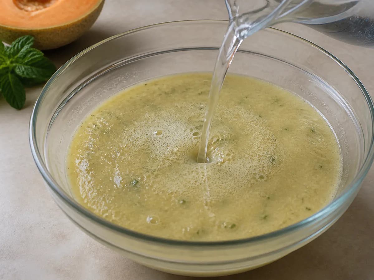 Preparação de Sopa de Melão Refrescante com Hortelã durante a confeção