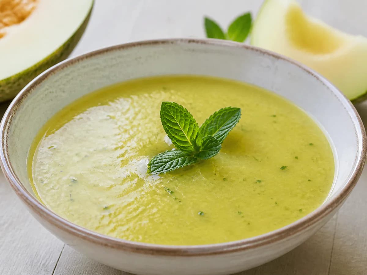 Pormenor de uma porção de Sopa de Melão Refrescante com Hortelã
