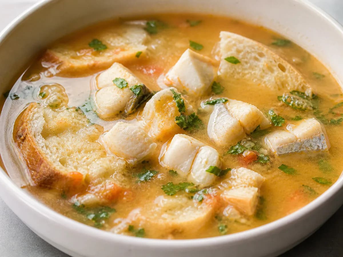 Pormenor de uma porção de Sopa de Peixe à Moda Algarvia