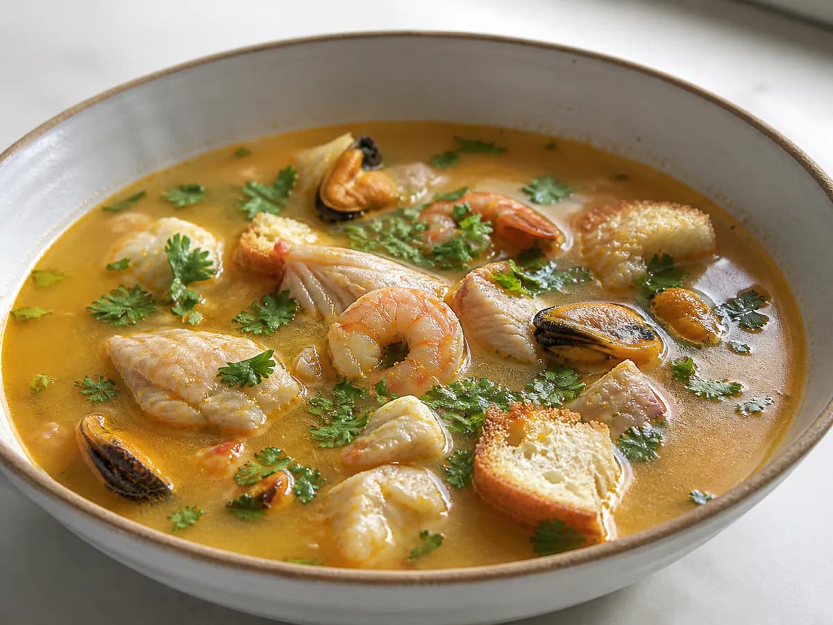 Pormenor de uma porção de Sopa de Peixe à Minha Maneira
