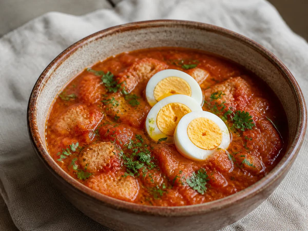 Pormenor de uma porção de Sopa de Tomate à Alentejana