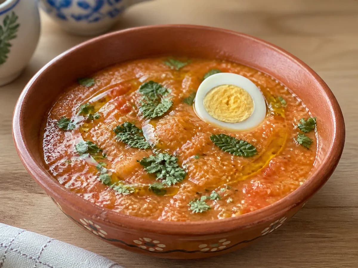 Pormenor de uma porção de Sopa de Tomate Alentejana