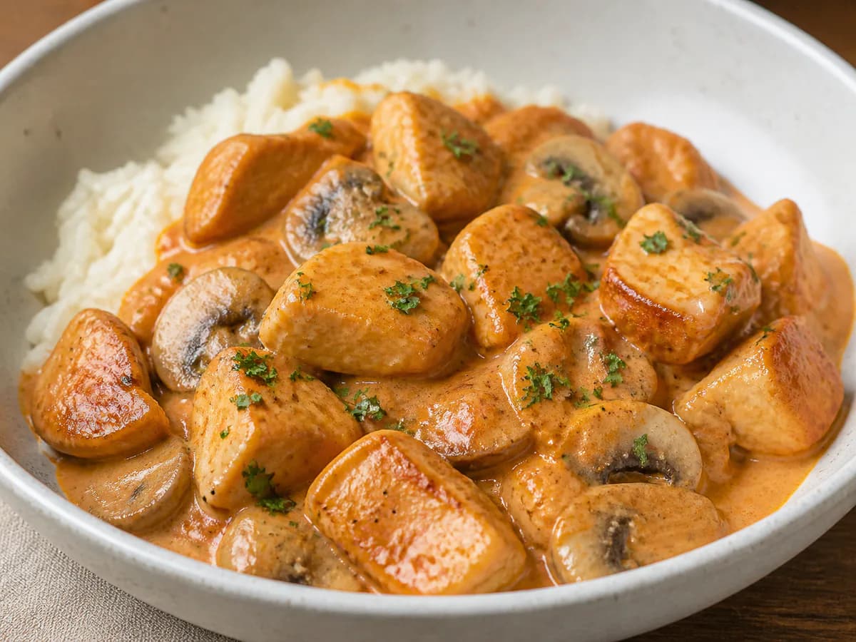 Pormenor de uma porção de Strogonoff de Frango com Cogumelos à Portuguesa