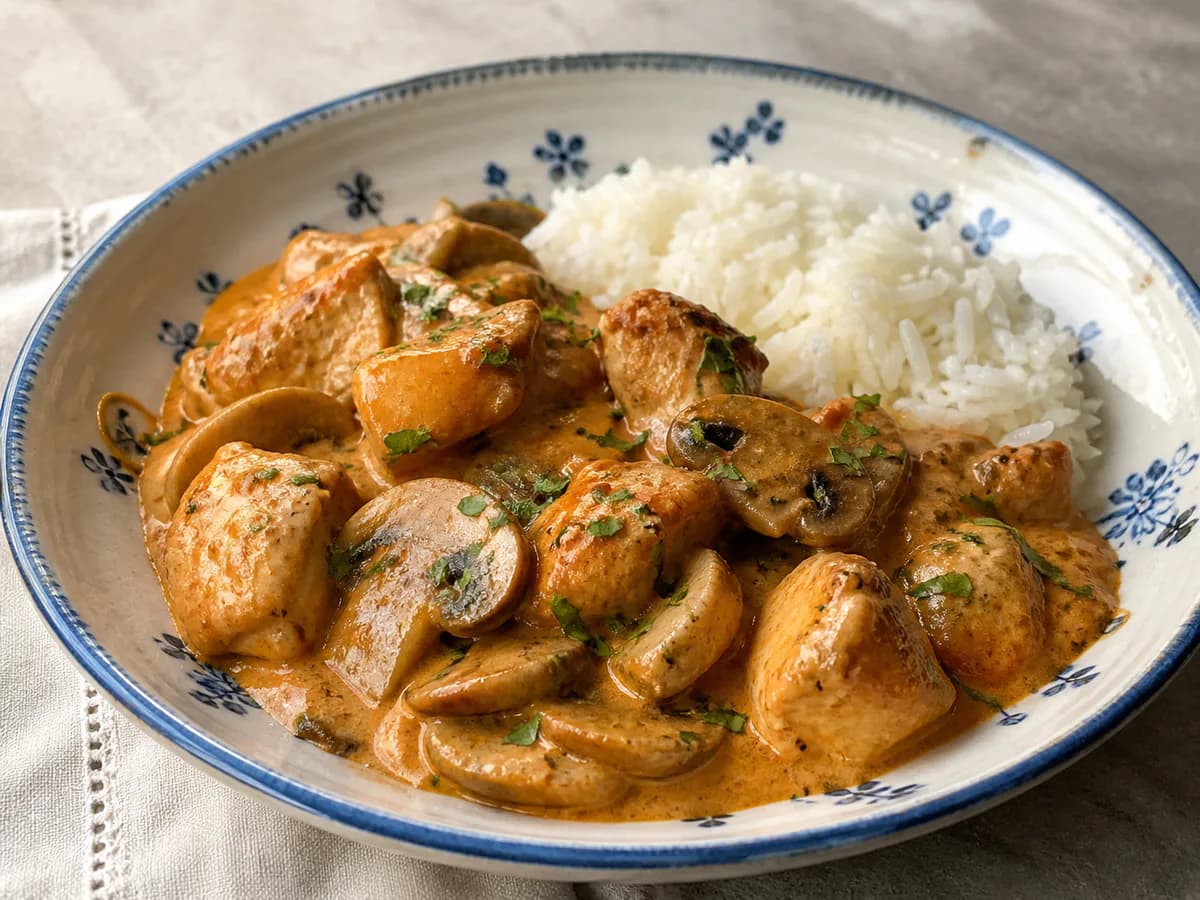 Strogonoff de Frango com Cogumelos à Portuguesa