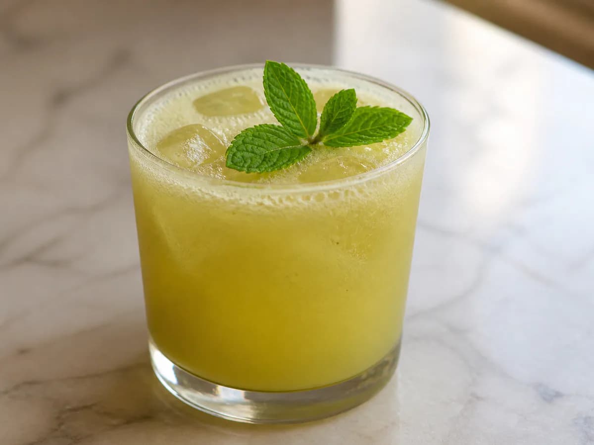 Pormenor de uma porção de Sumo de Abacaxi com Menta Refrescante