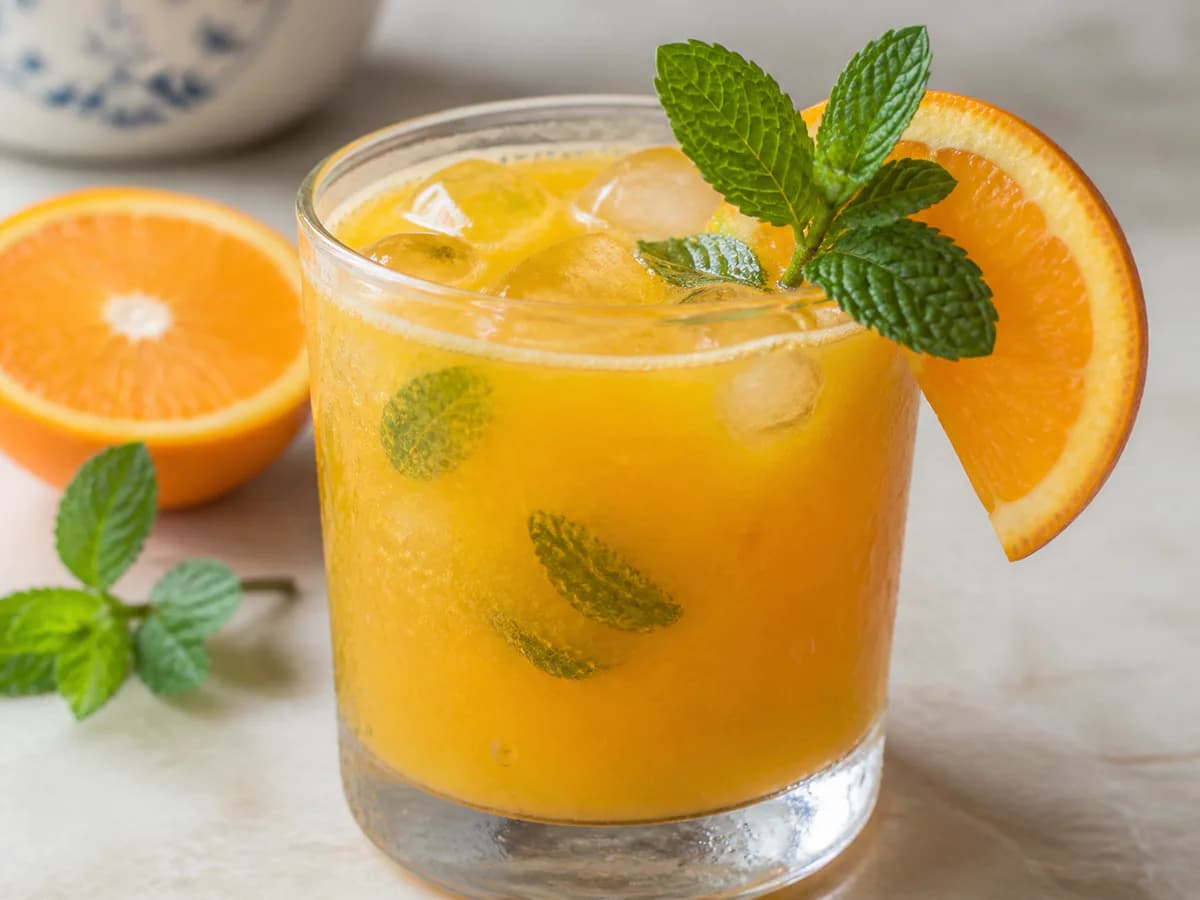Pormenor de uma porção de Sumo de Laranja Aromatizado com Hortelã