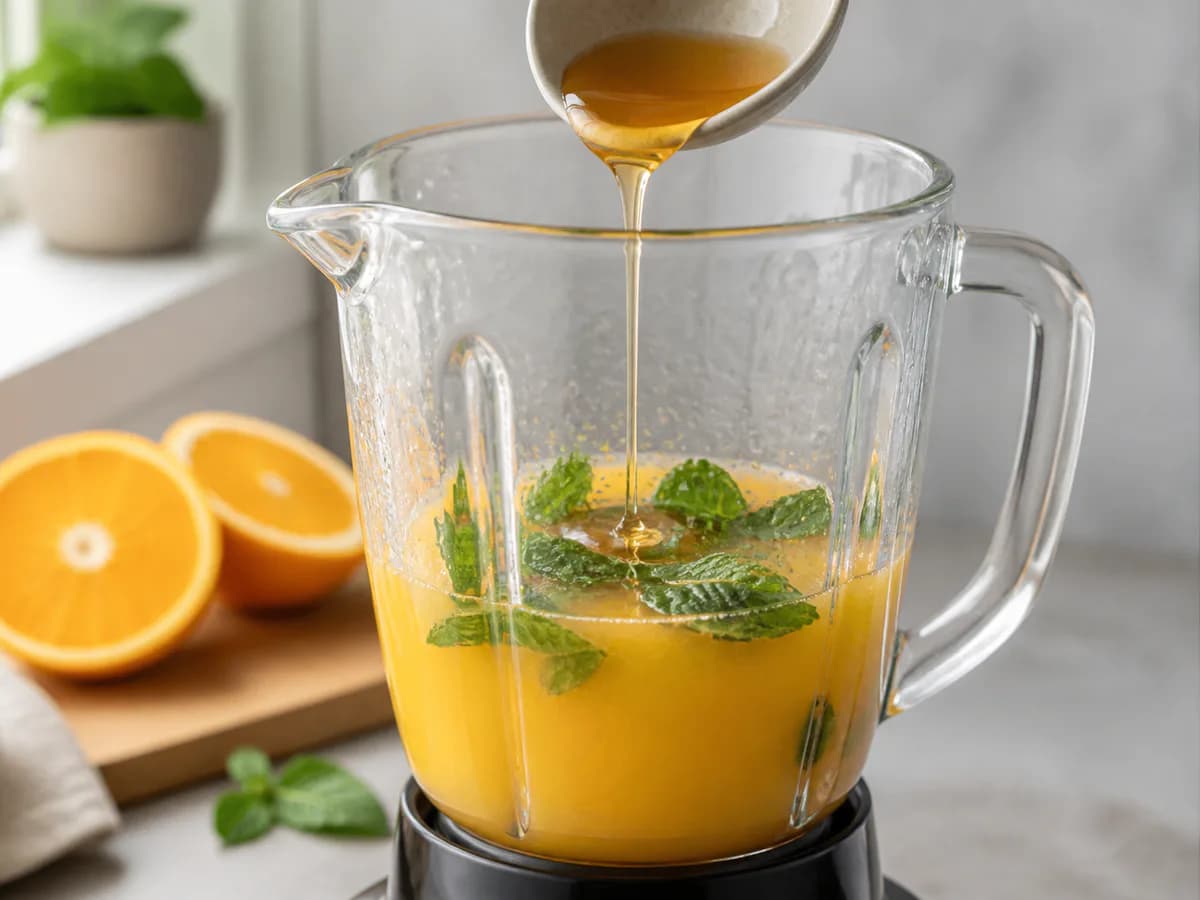 Preparação de Sumo de Laranja Aromatizado com Hortelã durante a confeção