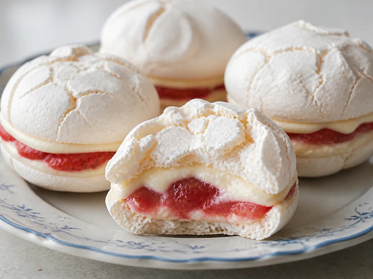 Pormenor de uma porção de Suspiros de Morango Cremosos