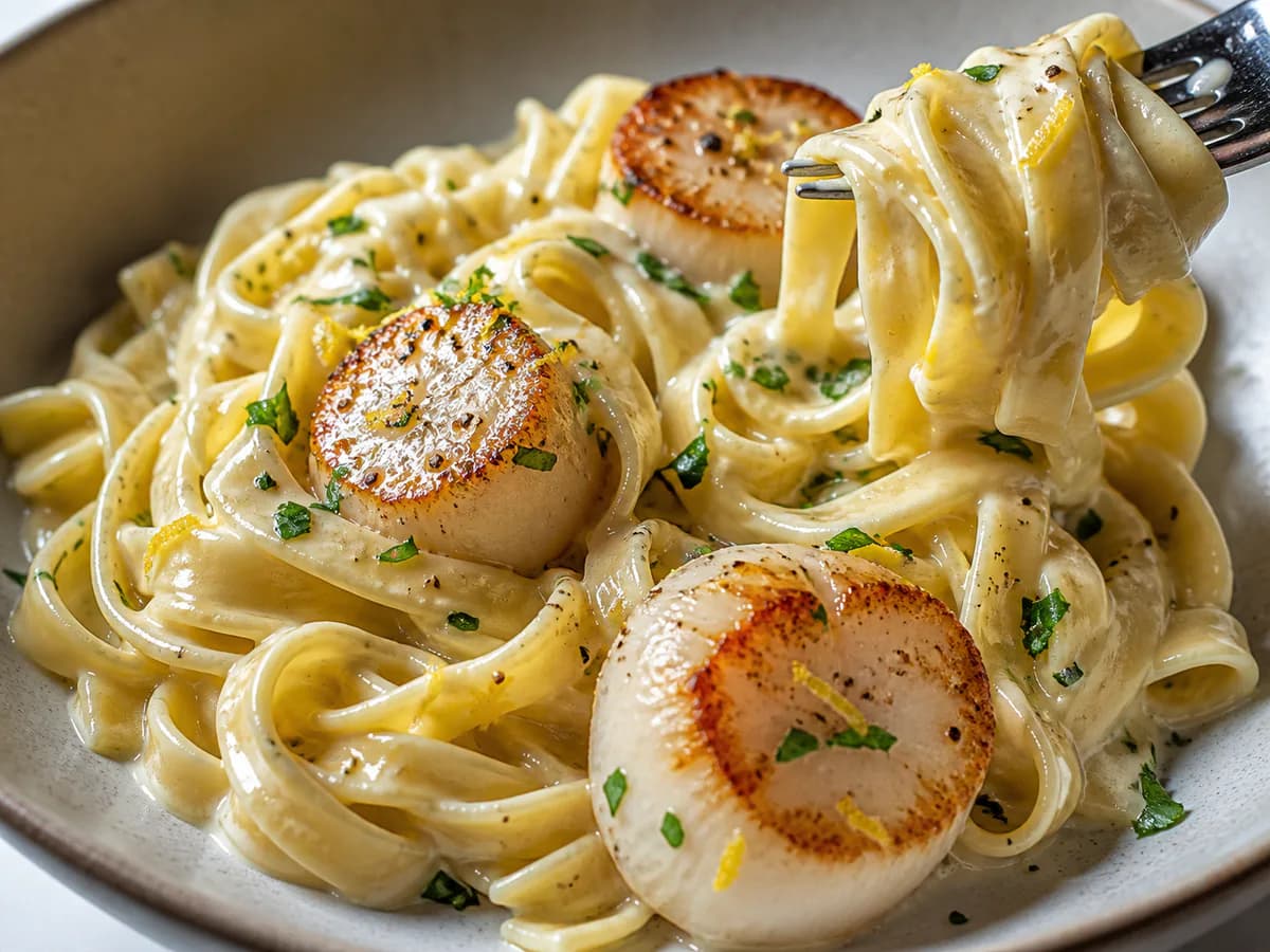 Pormenor de uma porção de Tagliatelle Cremoso de Vieiras