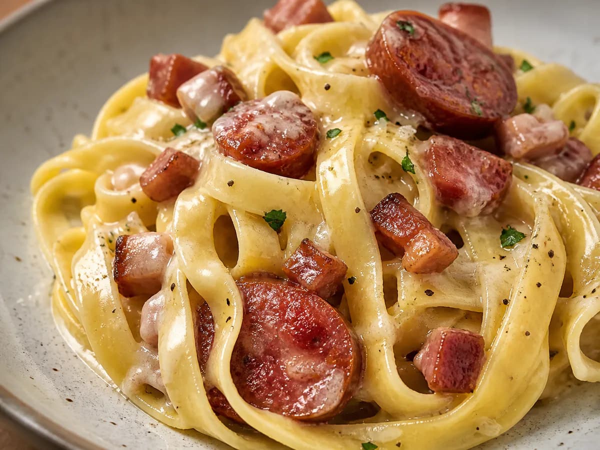 Pormenor de uma porção de Tagliatelle com Queijos e Fumados
