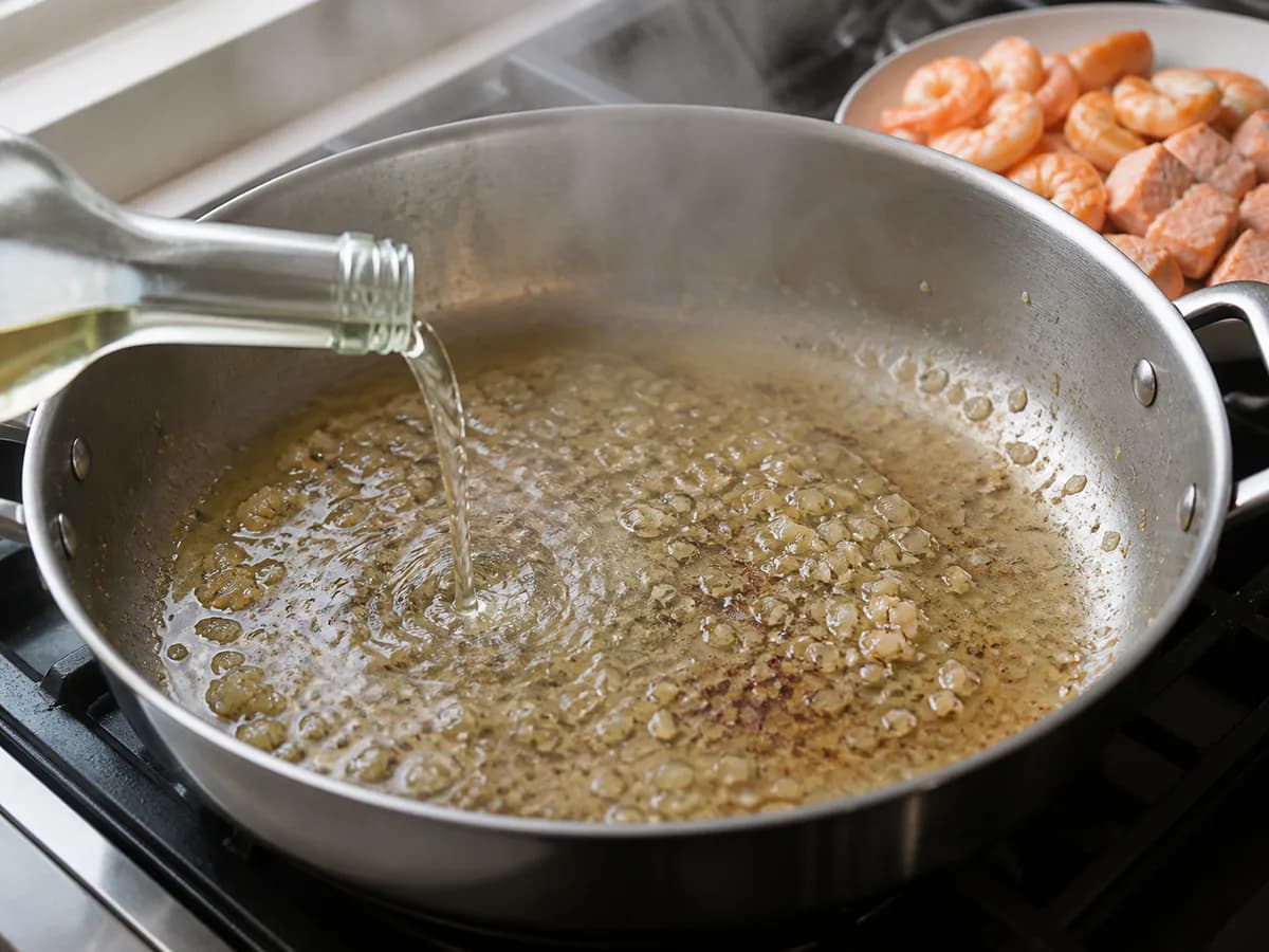 Preparação de Tagliatelle com Salmão e Gambas durante a confeção