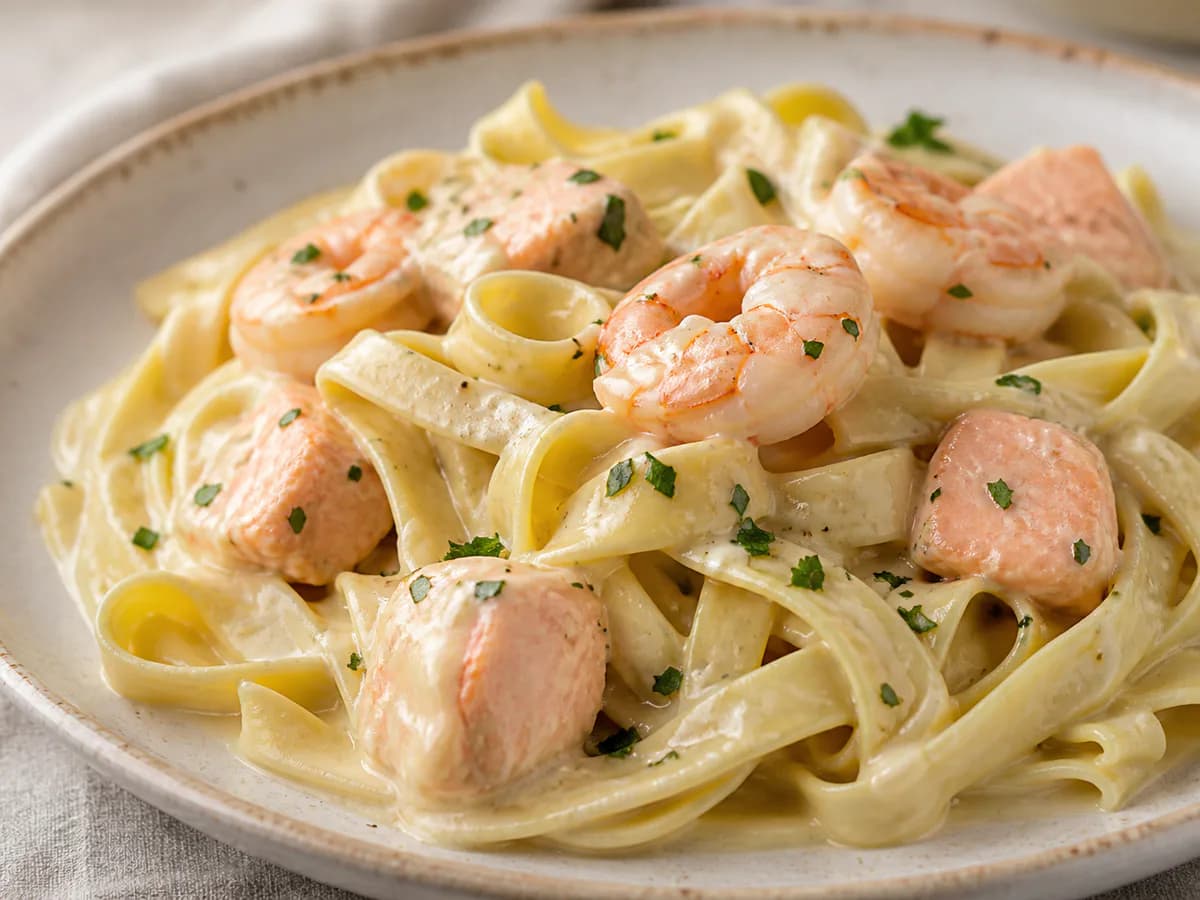 Pormenor de uma porção de Tagliatelle com Salmão e Gambas