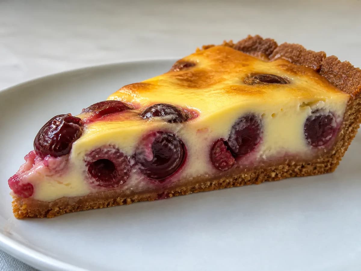 Pormenor de uma porção de Tarte Cremosa de Cerejas: Uma Receita Divinal e Simples