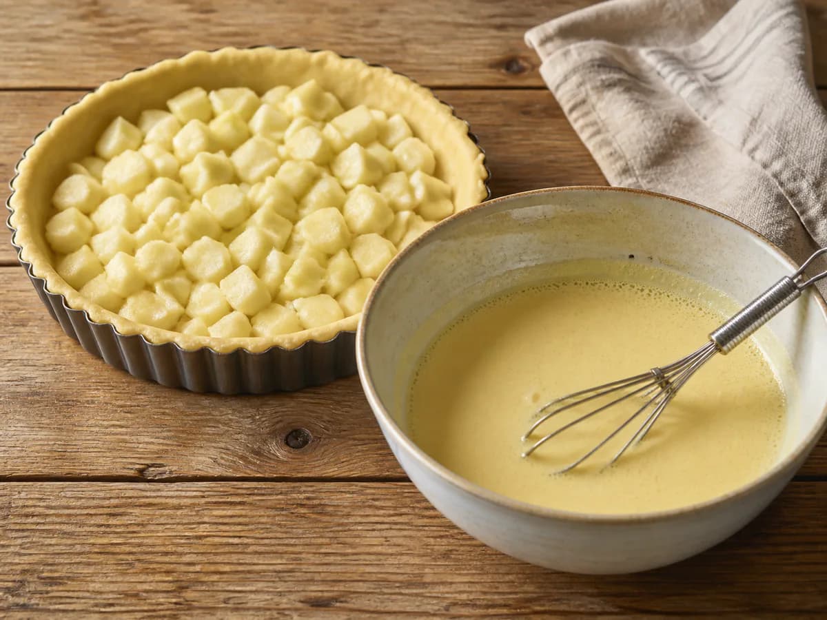 Preparação de Tarte Cremosa de Maçã com Gelado de Baunilha durante a confeção