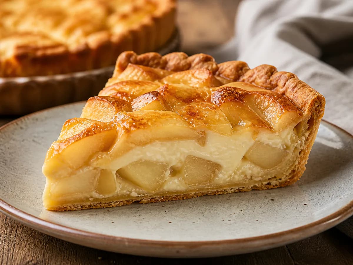 Pormenor de uma porção de Tarte Cremosa de Maçã com Gelado de Baunilha