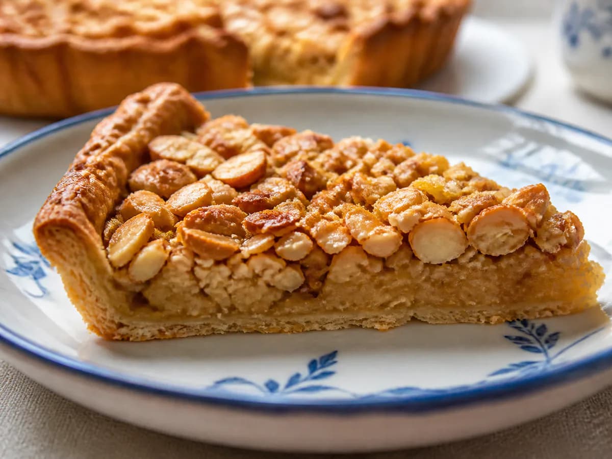 Pormenor de uma porção de Tarte de Amêndoa com Limão