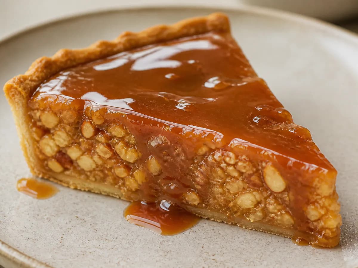 Pormenor de uma porção de Tarte de Amêndoa Torrada com Caramelo Salgado
