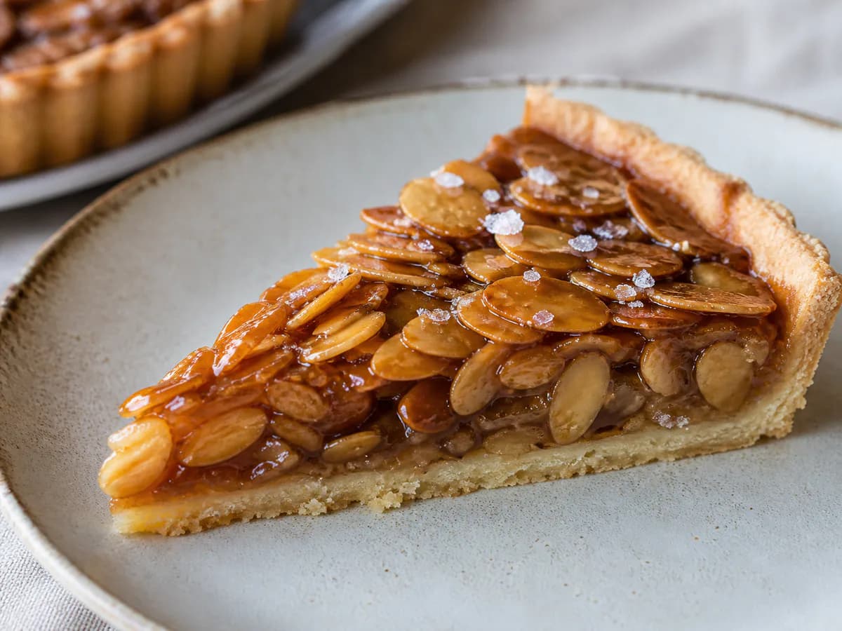 Pormenor de uma porção de Tarte de Amêndoa Laminada com Flor de Sal