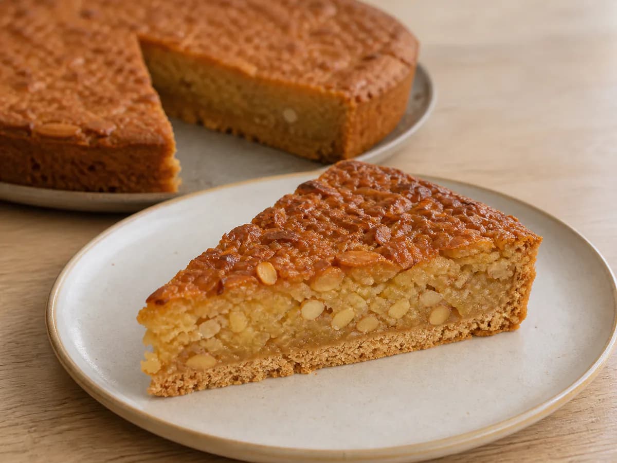 Pormenor de uma porção de Tarte de Amêndoa Muito Rápida