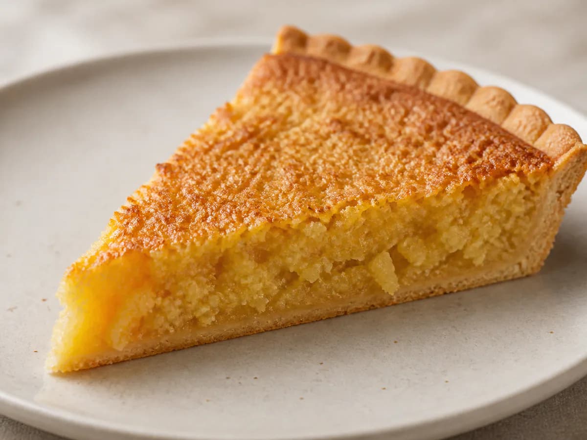 Pormenor de uma porção de Tarte de Amêndoa Muito Rápida de Fazer
