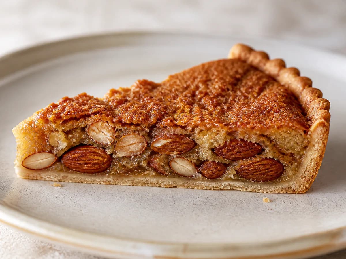 Pormenor de uma porção de Tarte de Amêndoas Inteiras