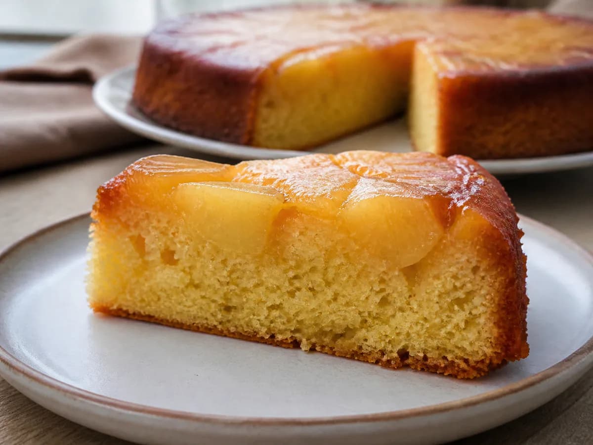 Pormenor de uma porção de Tarte de Ananás Caramelizada