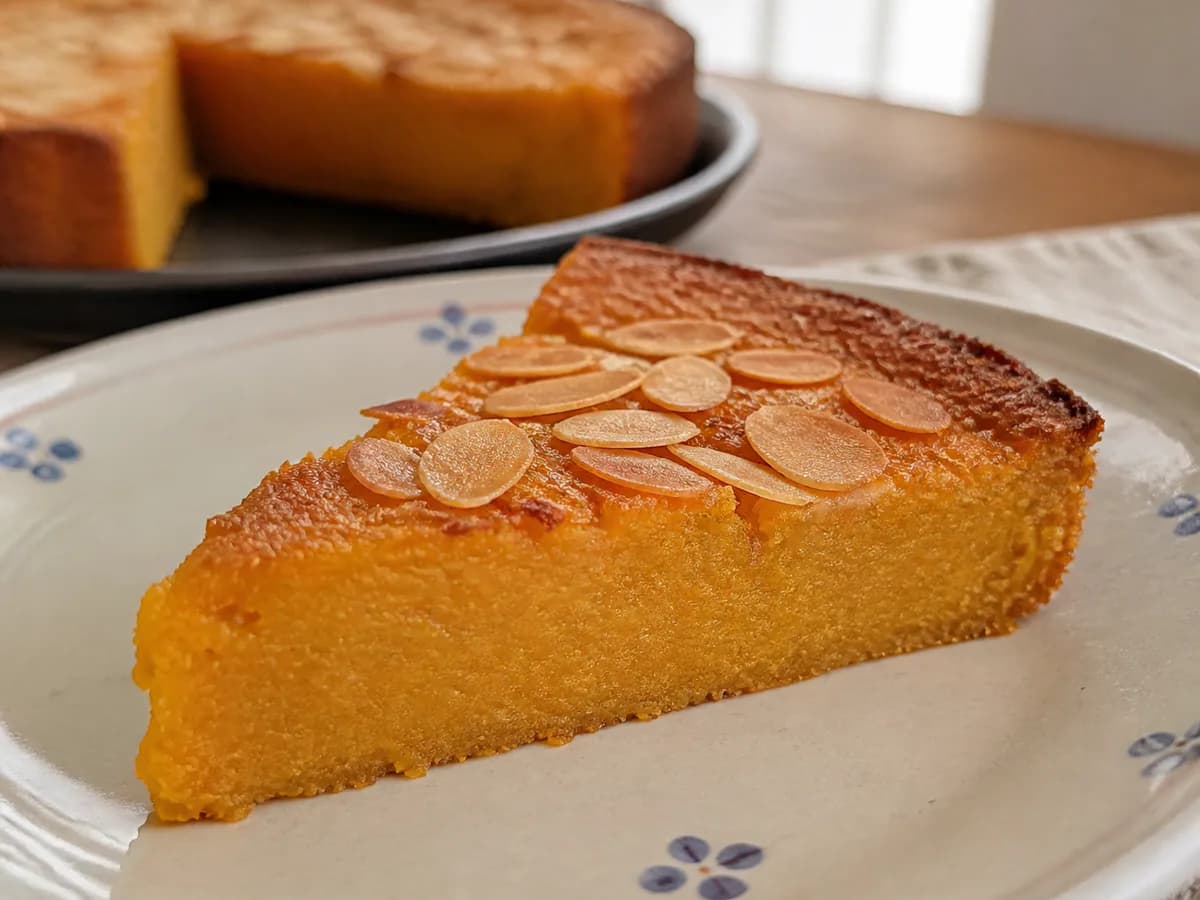 Pormenor de uma porção de Tarte de Batata Doce e Amêndoa