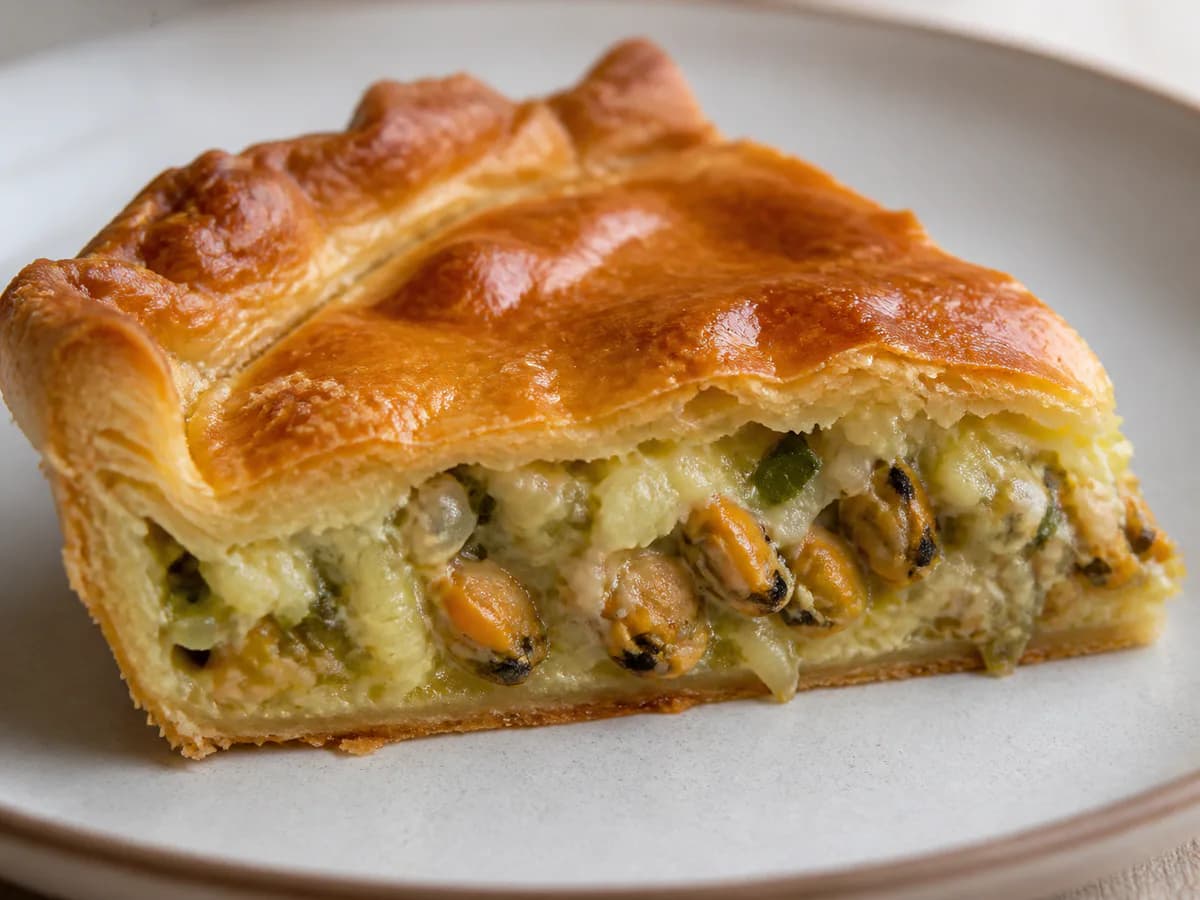 Pormenor de uma porção de Tarte de Berbigão com Alho Francês