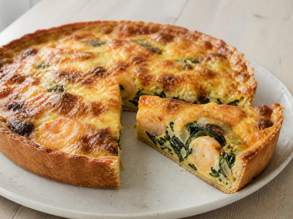 Pormenor de uma porção de Tarte de Camarão com Espinafres