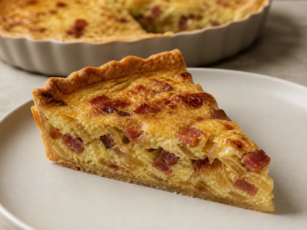 Pormenor de uma porção de Tarte de Cebola e Bacon