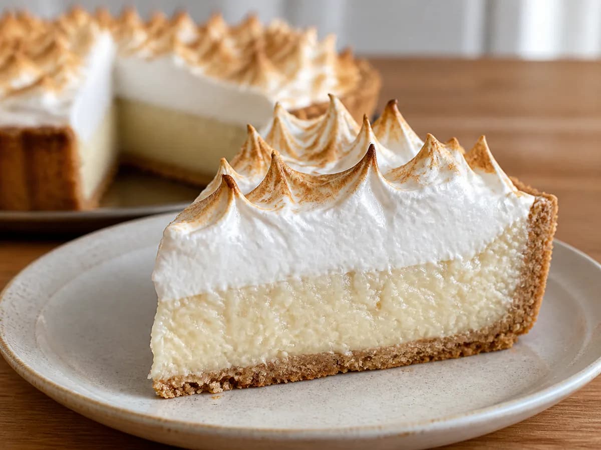Pormenor de uma porção de Tarte de Coco Merengada