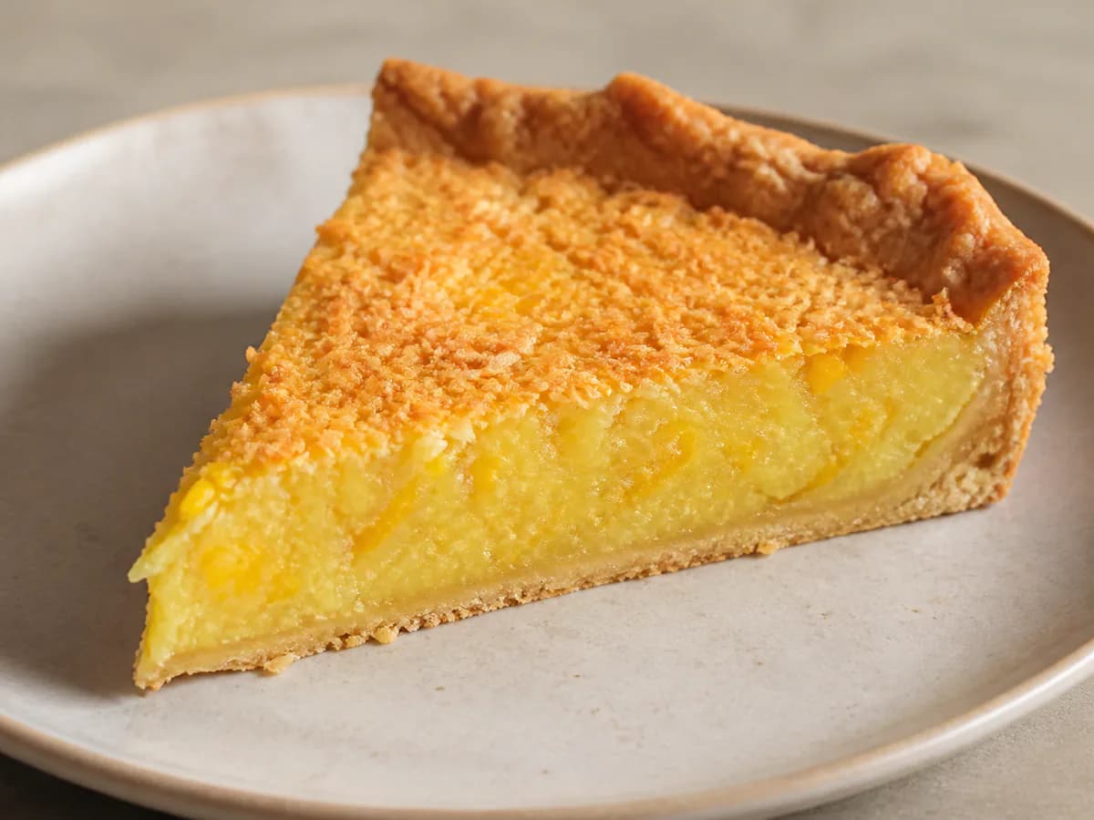 Pormenor de uma porção de Tarte de Coco, Milho e Limão