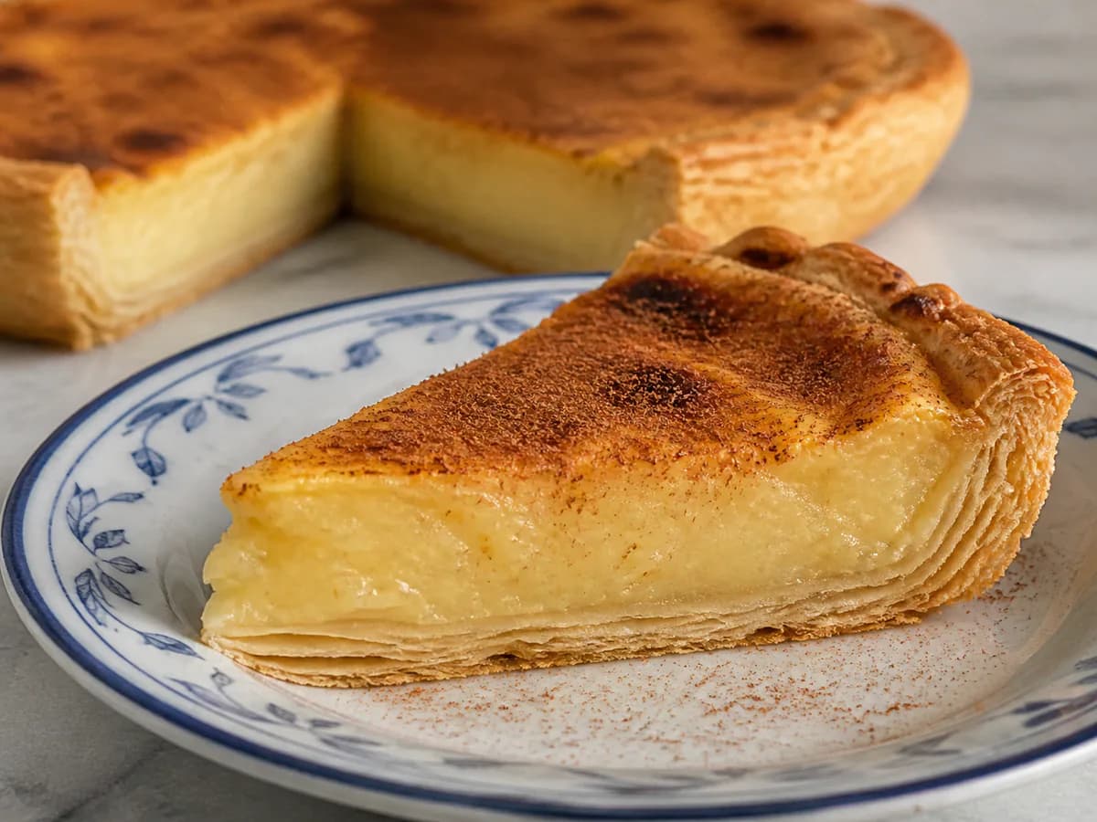 Pormenor de uma porção de Tarte de Creme Pasteleiro
